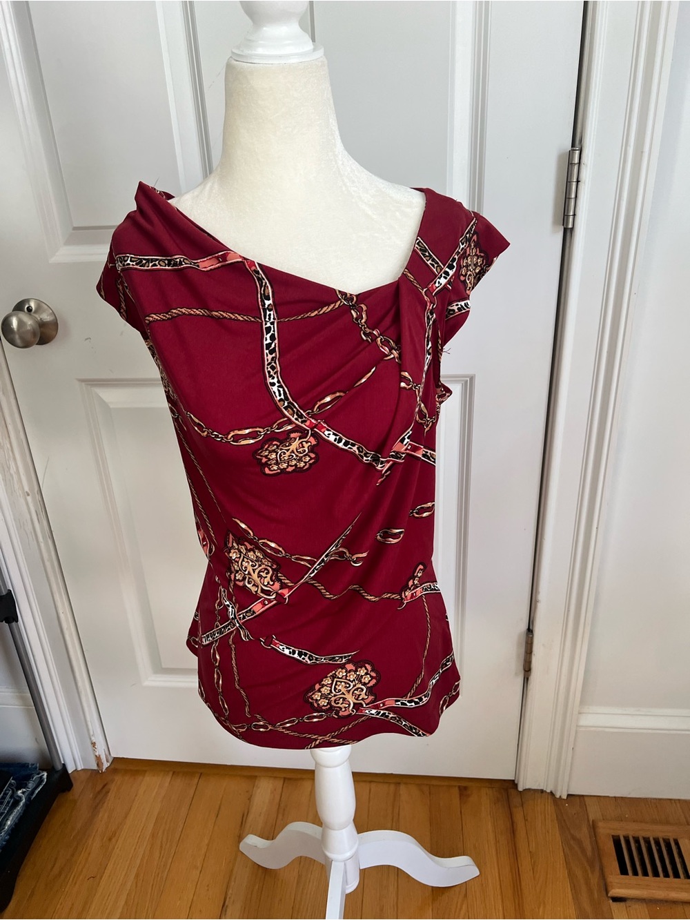 Burgundy Chain-Print Cap-Sleeve Blouse